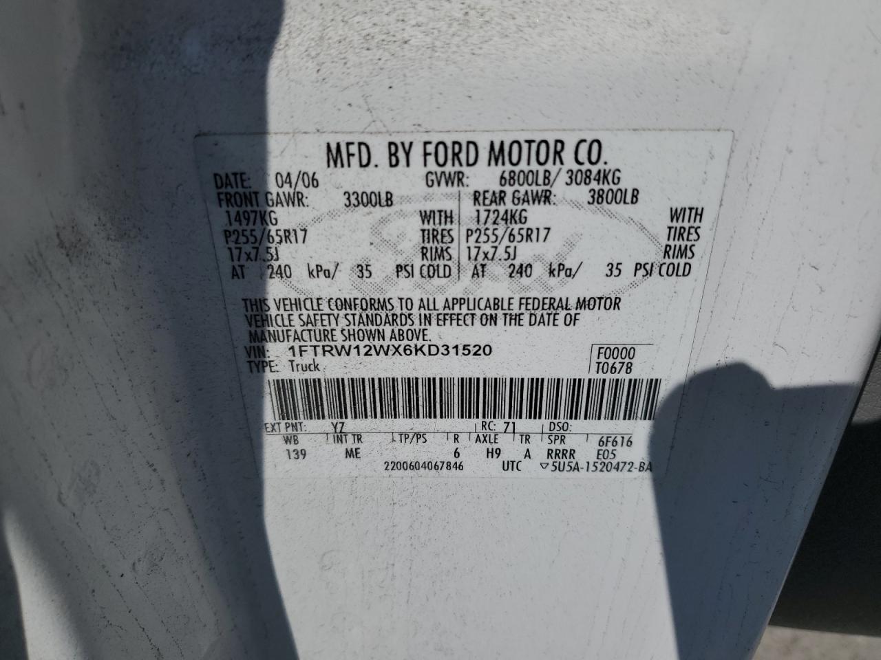 2006 Ford F150 Supercrew VIN: 1FTRW12WX6KD31520 Lot: 86130355