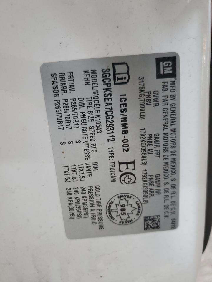 2012 Chevrolet Silverado K1500 Lt VIN: 3GCPKSEA7CG293112 Lot: 81997905