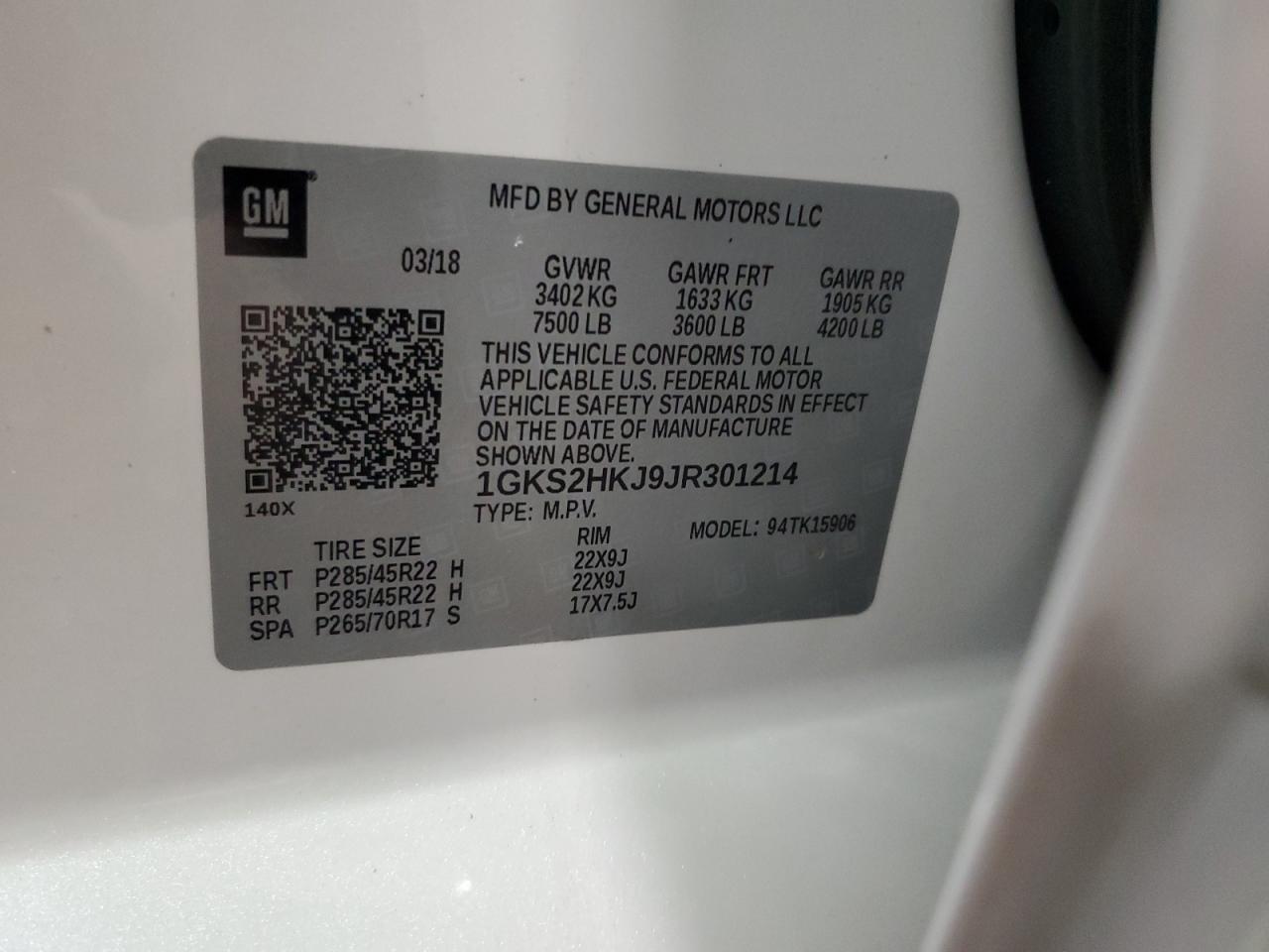 2018 GMC Yukon Xl Denali VIN: 1GKS2HKJ9JR301214 Lot: 82259575
