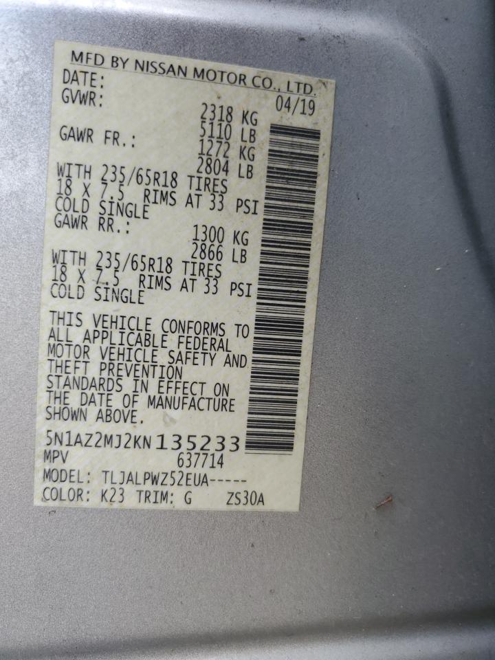 2019 Nissan Murano S VIN: 5N1AZ2MJ2KN135233 Lot: 85340595