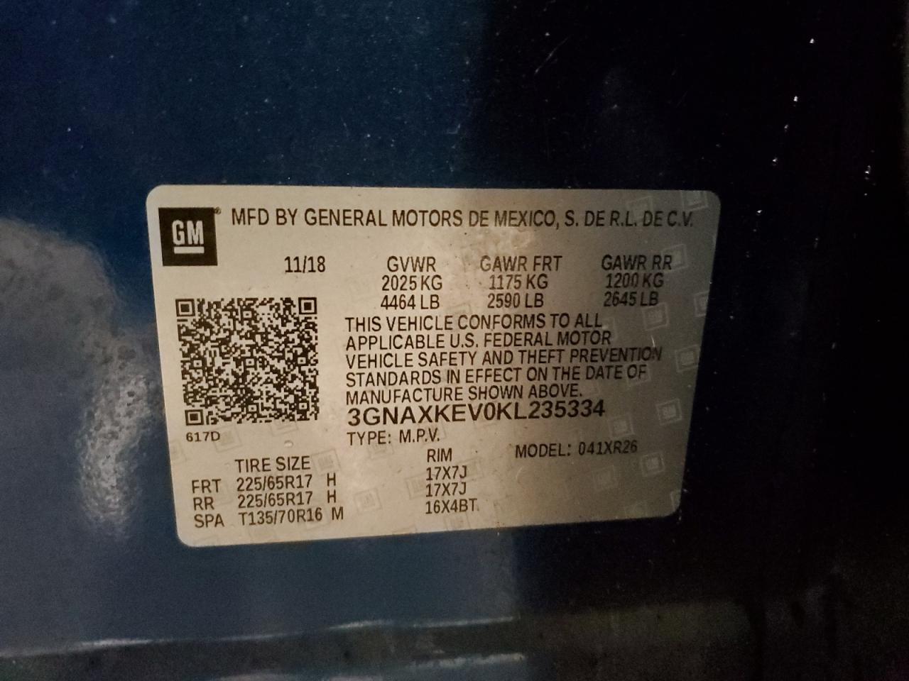 2019 Chevrolet Equinox Lt VIN: 3GNAXKEV0KL235334 Lot: 84919885