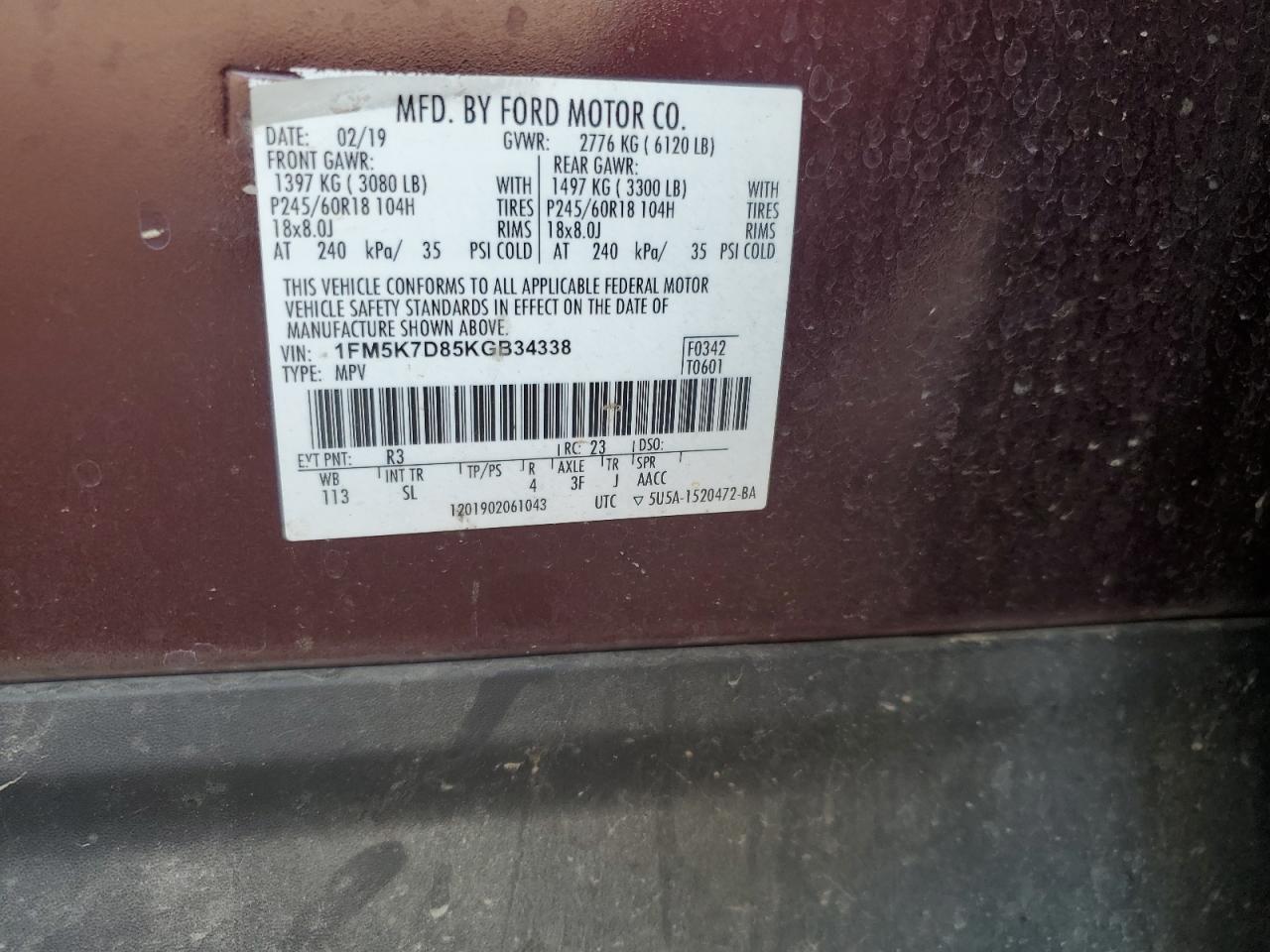 2019 Ford Explorer Xlt VIN: 1FM5K7D85KGB34338 Lot: 85648735