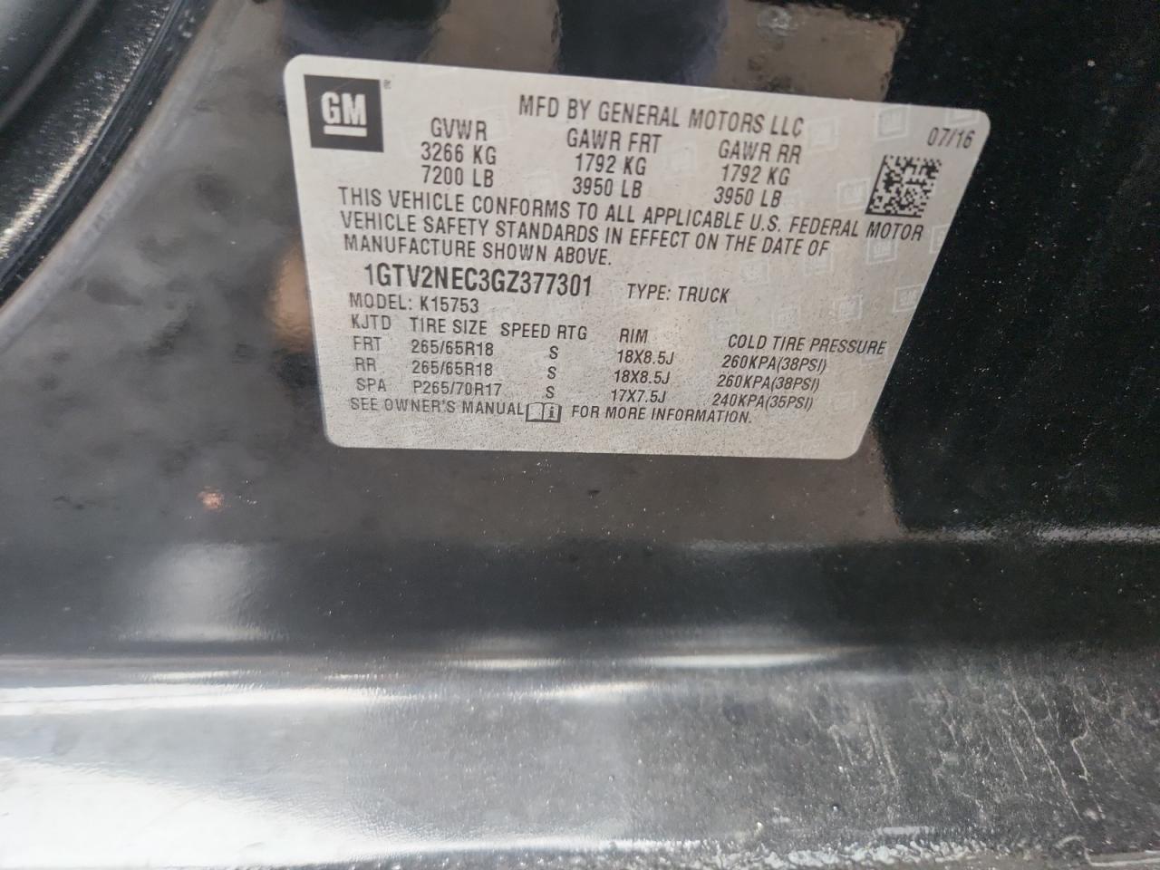 2016 GMC Sierra K1500 Slt VIN: 1GTV2NEC3GZ377301 Lot: 90550995