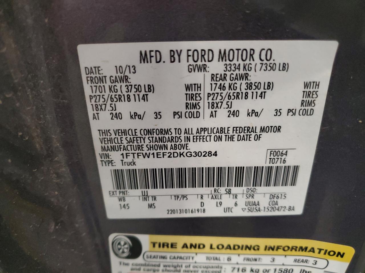 2013 Ford F150 Supercrew VIN: 1FTFW1EF2DKG30284 Lot: 84970795