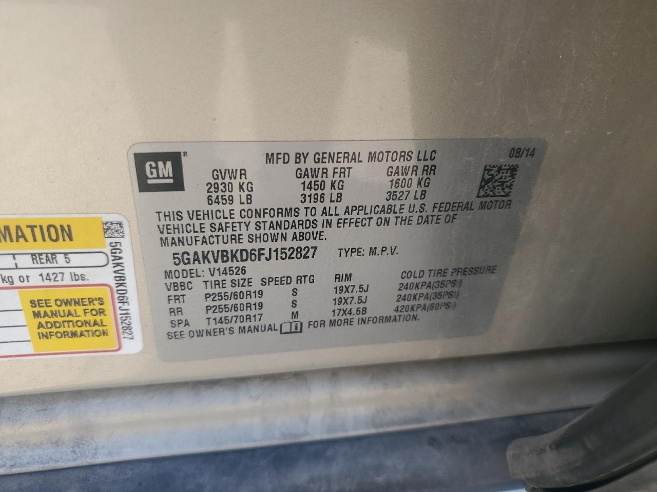 2015 Buick Enclave VIN: 5GAKVBKD6FJ152827 Lot: 84864865