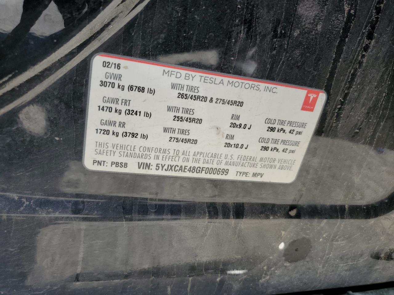 2016 Tesla Model X VIN: 5YJXCAE48GF000699 Lot: 86601935