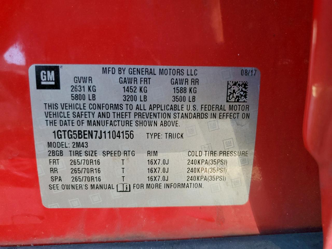 2018 GMC Canyon VIN: 1GTG5BEN7J1104156 Lot: 84429715