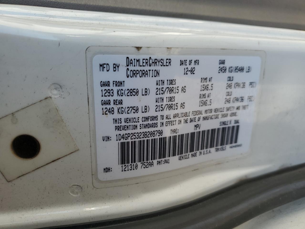 2003 Dodge Caravan Se VIN: 1D4GP25323B208790 Lot: 82234545