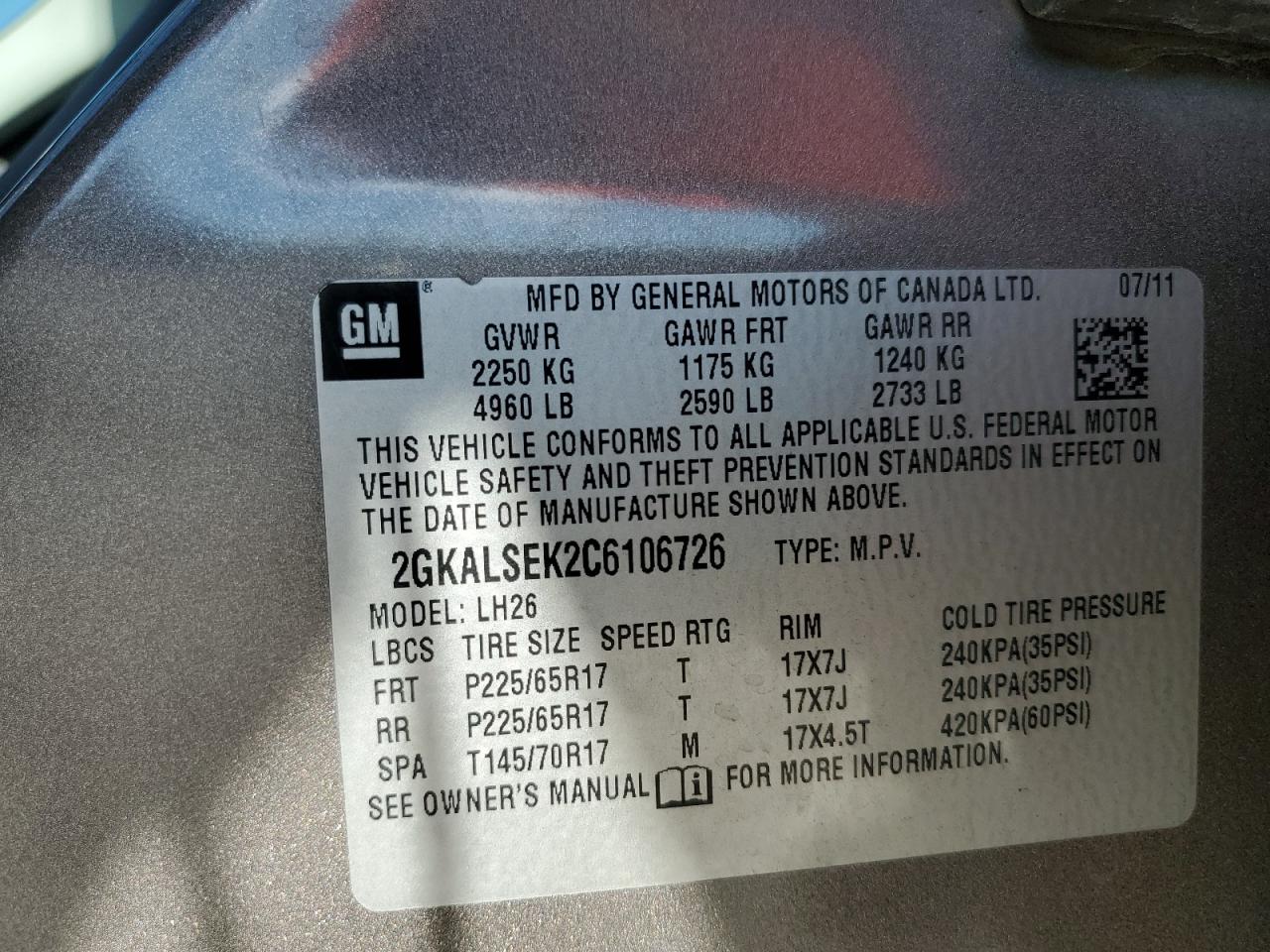 2012 GMC Terrain Sle VIN: 2GKALSEK2C6106726 Lot: 85384355