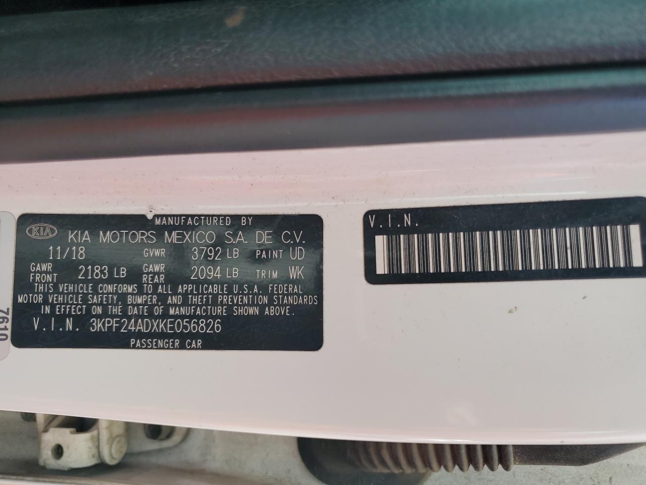 2019 Kia Forte Fe VIN: 3KPF24ADXKE056826 Lot: 85504885