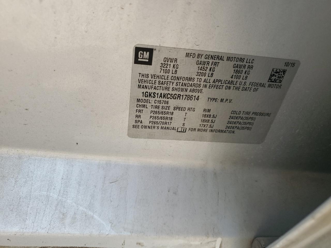 2016 GMC Yukon Sle VIN: 1GKS1AKC5GR178614 Lot: 85182425