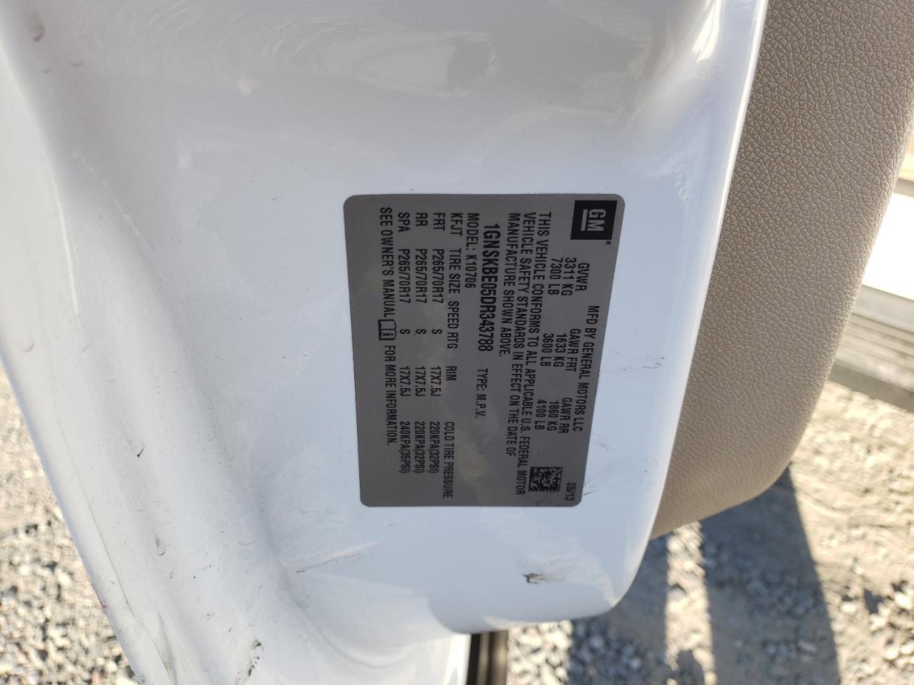 2013 Chevrolet Tahoe K1500 Lt VIN: 1GNSKBE05DR343788 Lot: 90511385