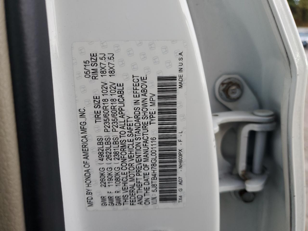 2016 Acura Rdx Advance VIN: 5J8TB4H78GL001116 Lot: 82665015