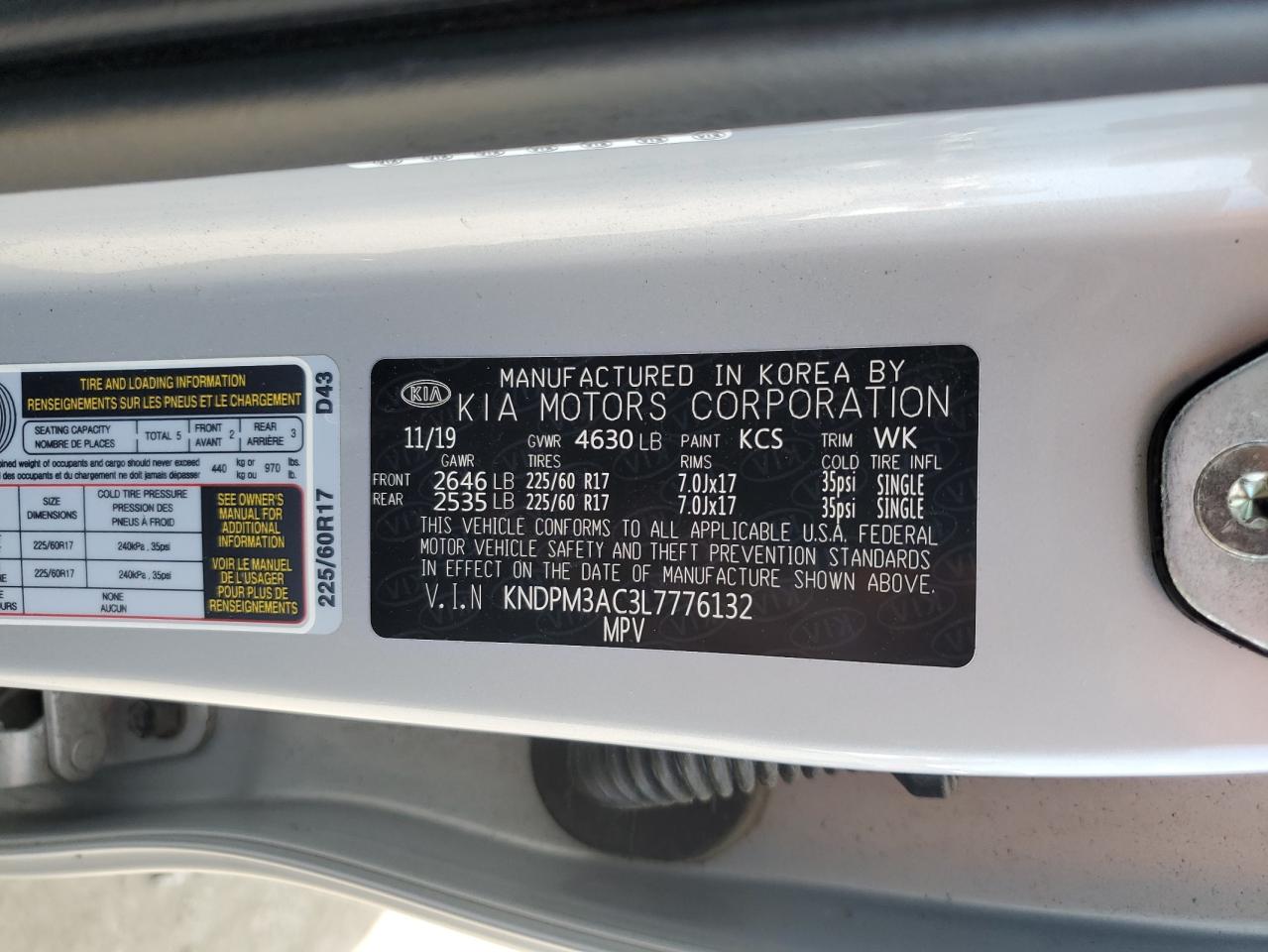 2020 Kia Sportage Lx VIN: KNDPM3AC3L7776132 Lot: 84445085