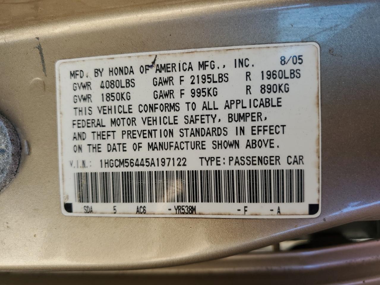2005 Honda Accord Lx VIN: 1HGCM56445A197122 Lot: 81919765