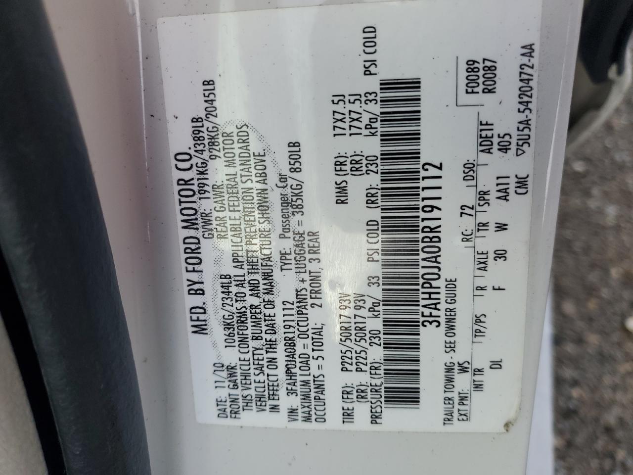 2011 Ford Fusion Sel VIN: 3FAHP0JA0BR191112 Lot: 82408245