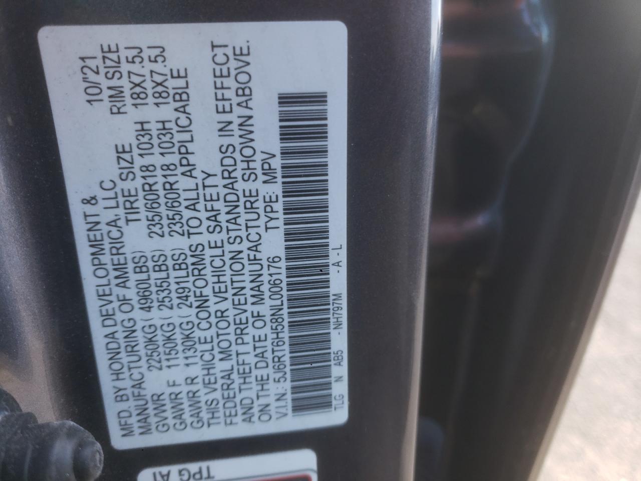 2022 Honda Cr-V Ex VIN: 5J6RT6H58NL006176 Lot: 90506885