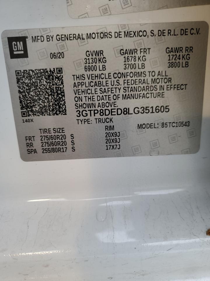 2020 GMC Sierra C1500 Slt VIN: 3GTP8DED8LG351605 Lot: 86777195