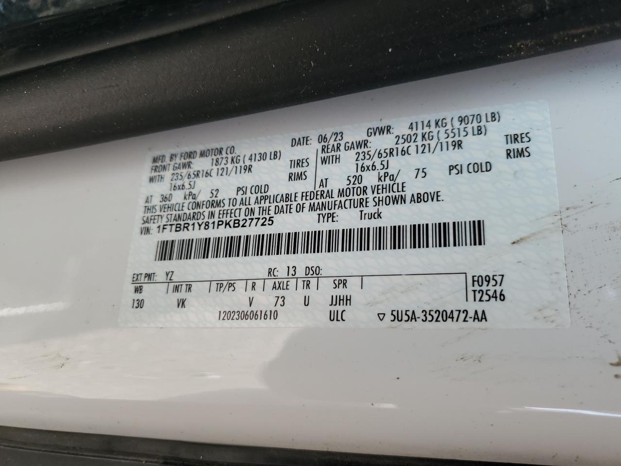 2023 Ford Transit T-250 VIN: 1FTBR1Y81PKB27725 Lot: 85824675