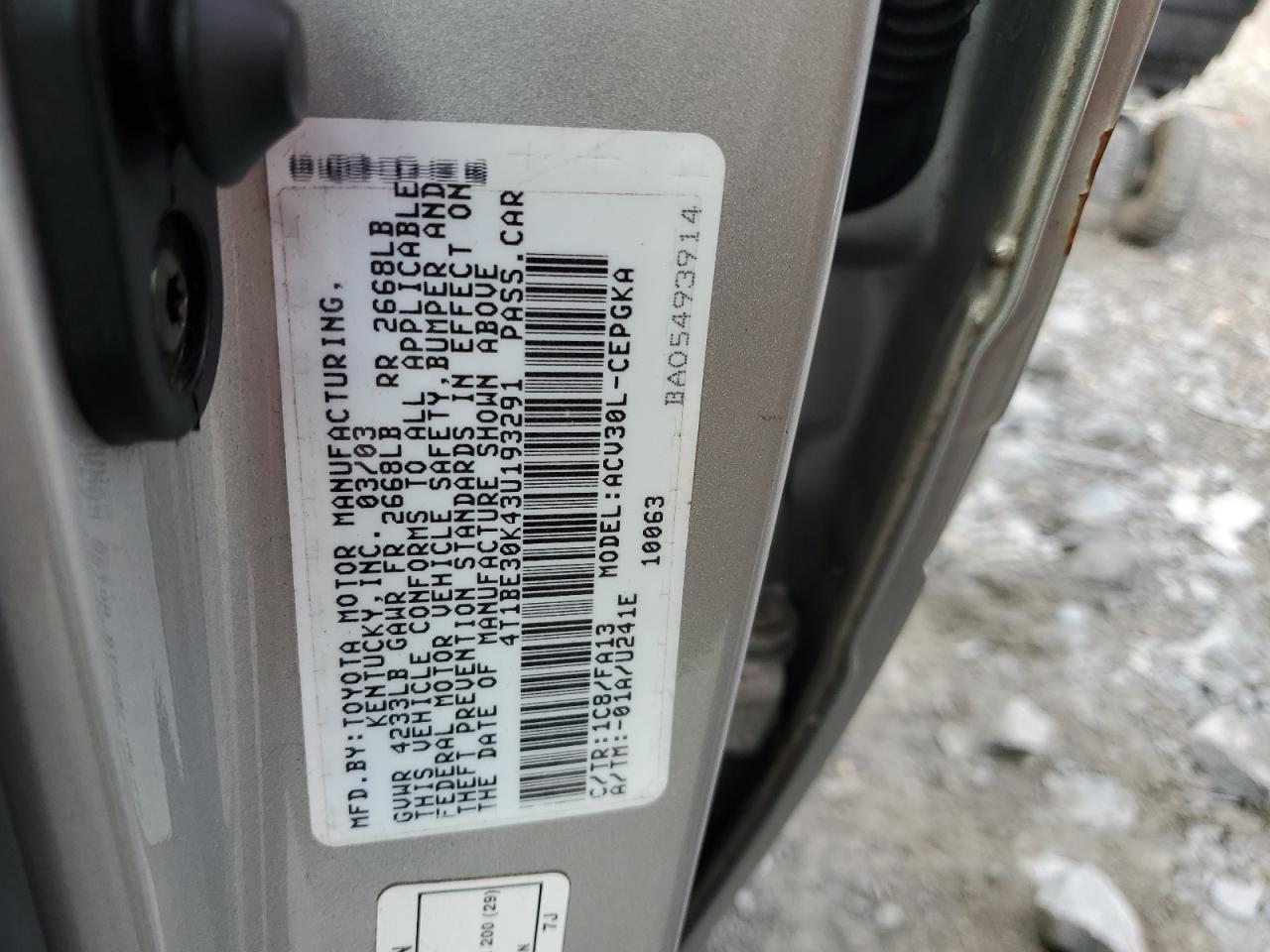 2003 Toyota Camry Le VIN: 4T1BE30K43U193291 Lot: 86217225