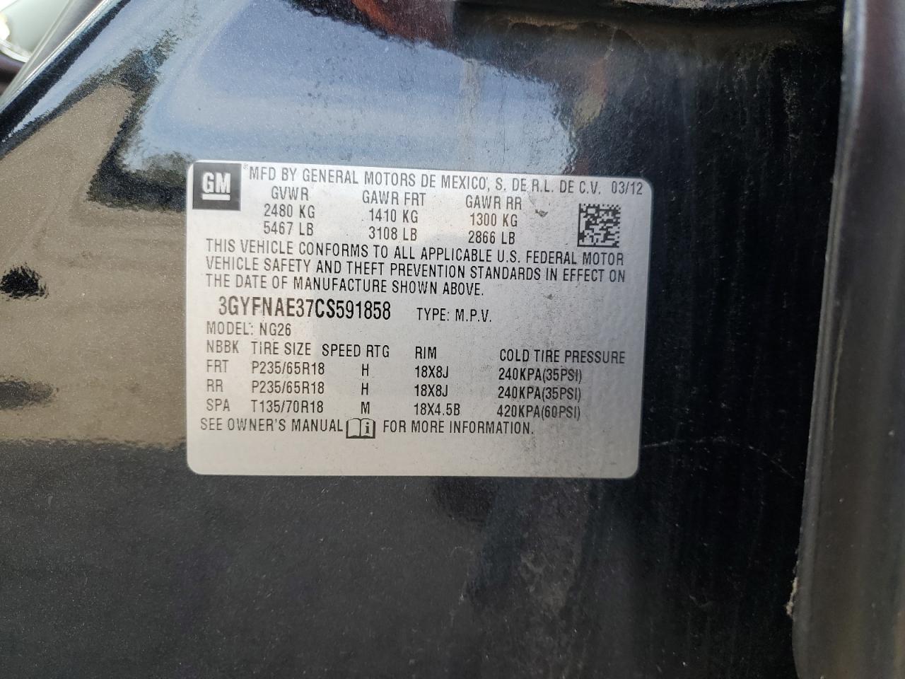 2012 Cadillac Srx Luxury Collection VIN: 3GYFNAE37CS591858 Lot: 82186915