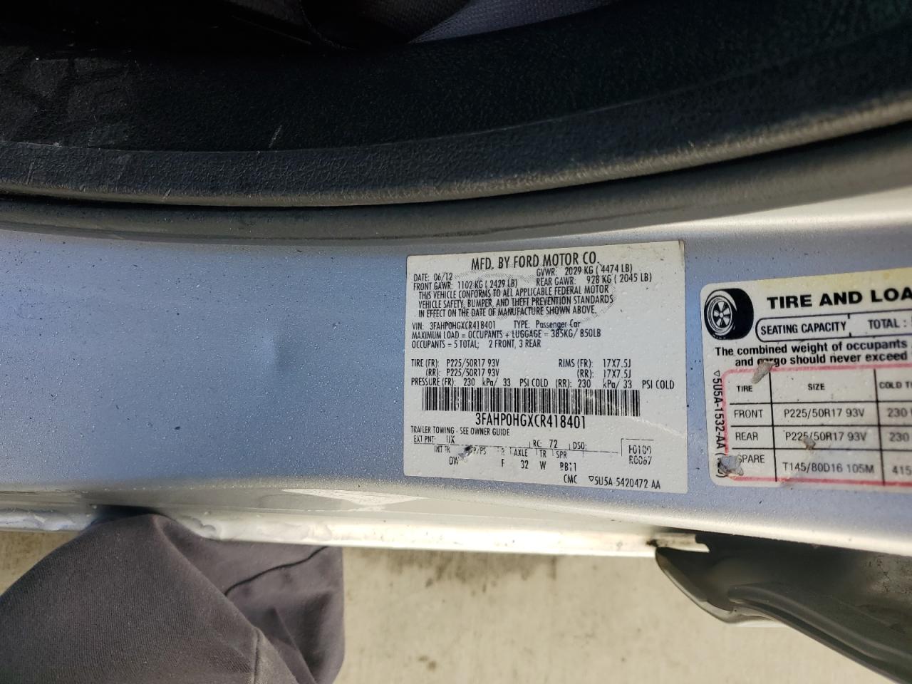 2012 Ford Fusion Se VIN: 3FAHP0HGXCR418401 Lot: 86476035