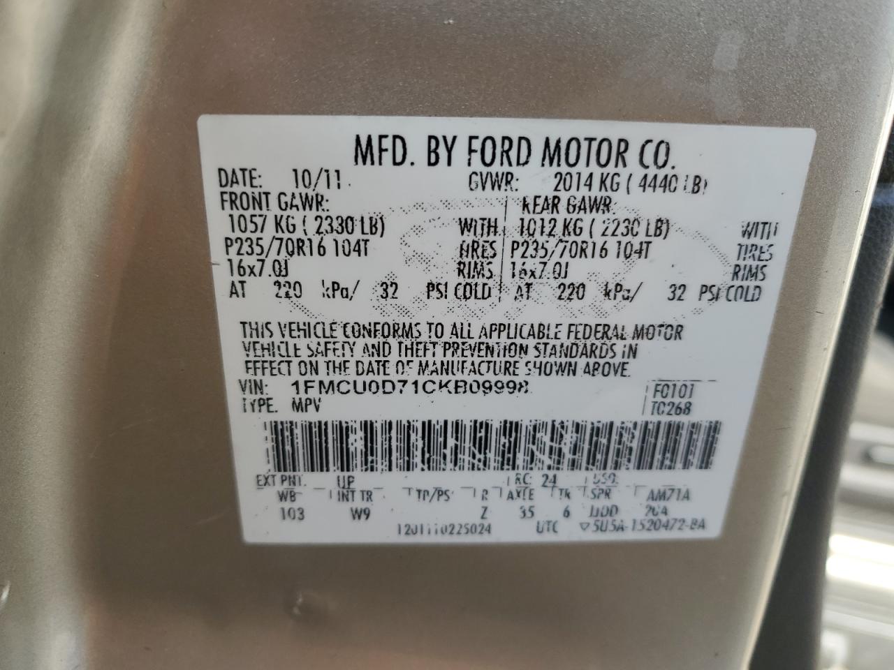 2012 Ford Escape Xlt VIN: 1FMCU0D71CKB09998 Lot: 84943845