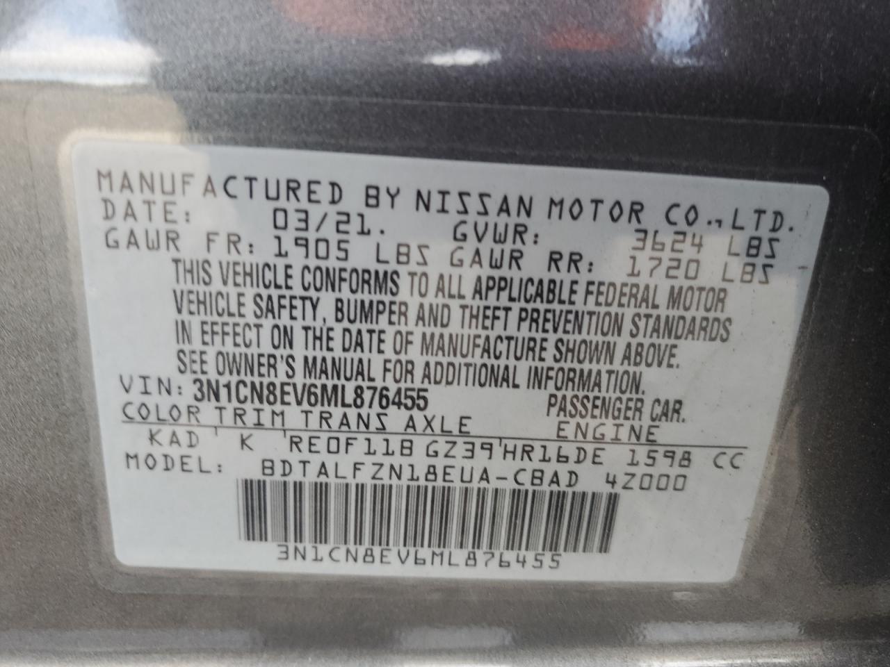 2021 Nissan Versa Sv VIN: 3N1CN8EV6ML876455 Lot: 85589785