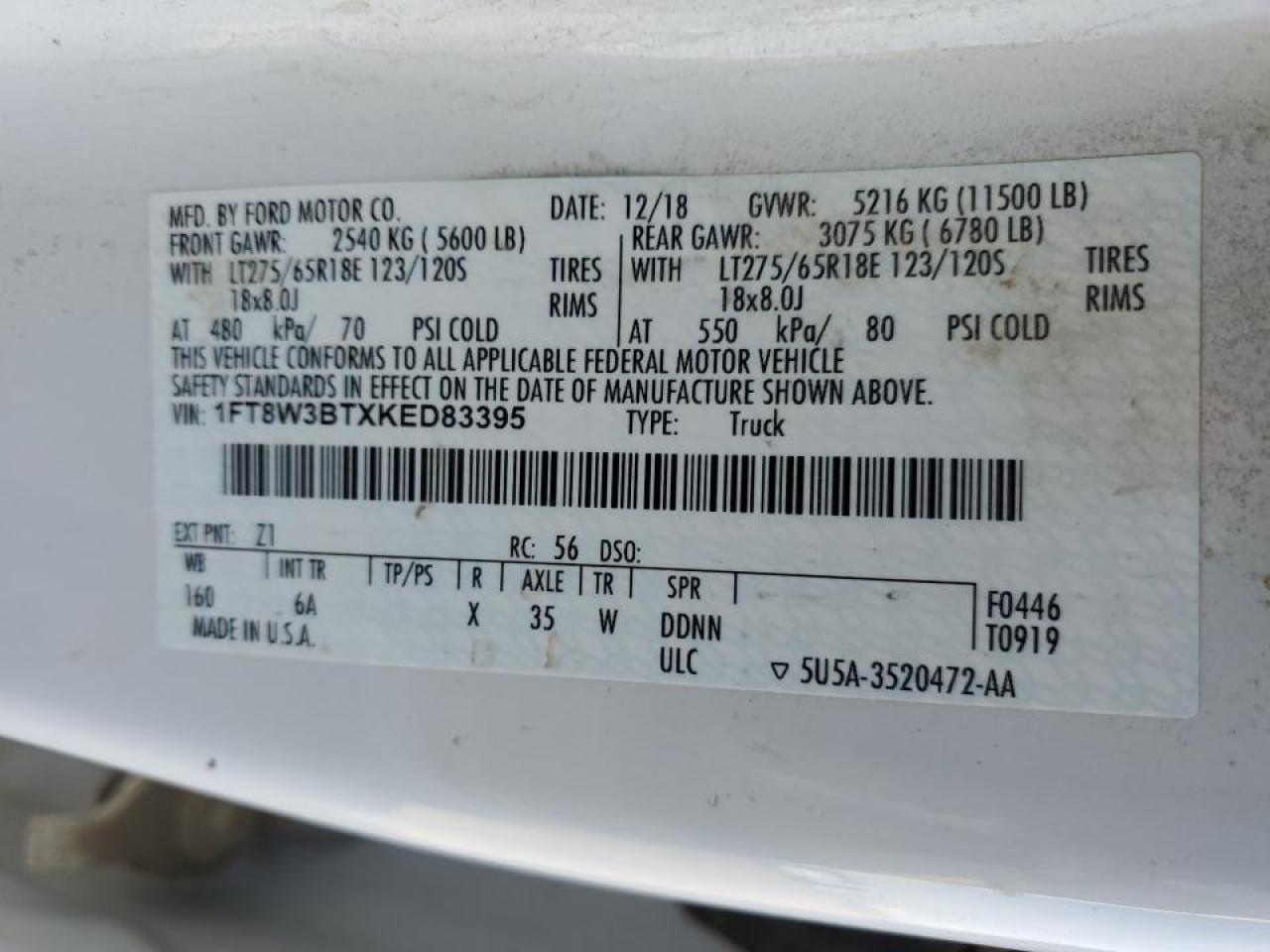 2019 Ford F350 Super Duty VIN: 1FT8W3BTXKED83395 Lot: 86120675