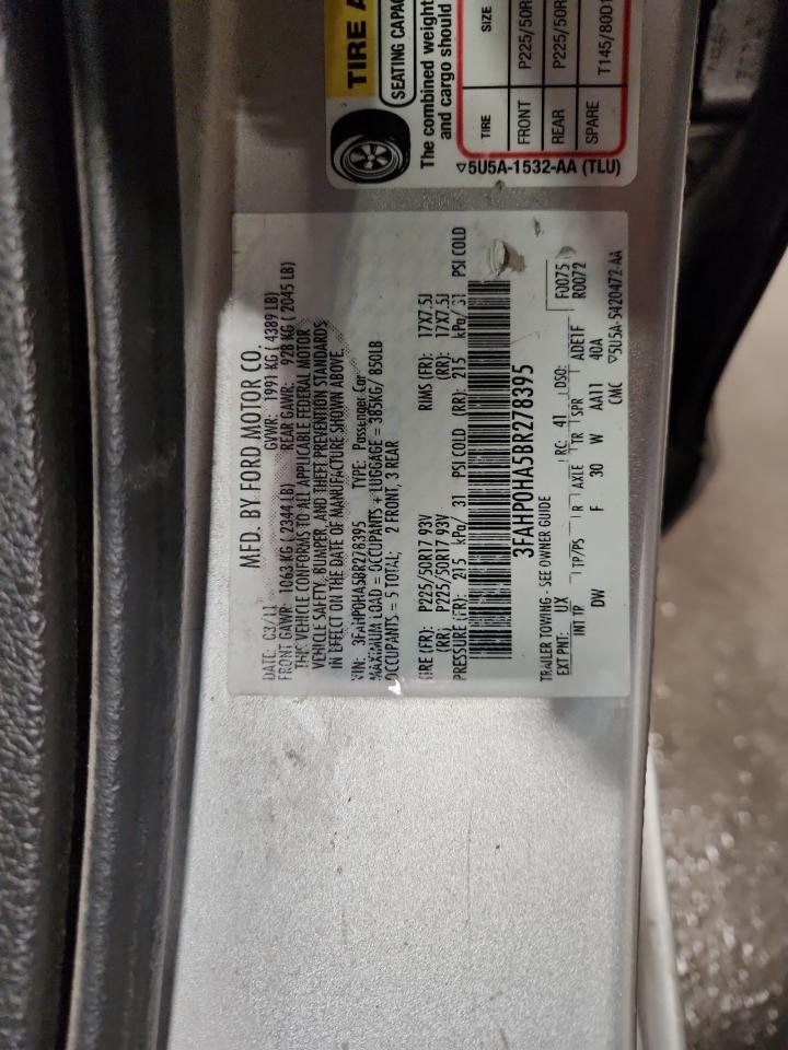 2011 Ford Fusion Se VIN: 3FAHP0HA5BR278395 Lot: 85725065