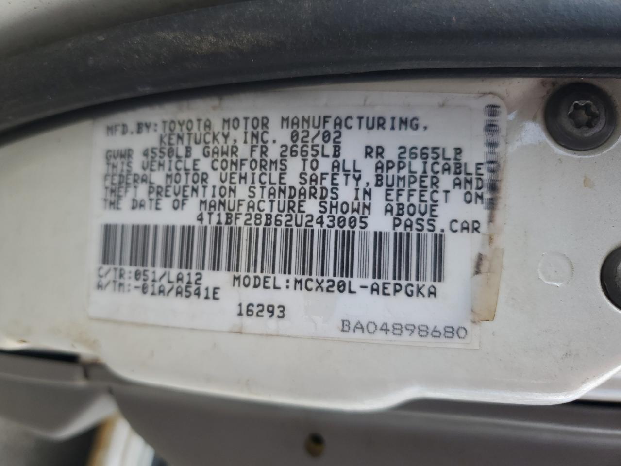 2002 Toyota Avalon Xl VIN: 4T1BF28B62U243005 Lot: 86116415