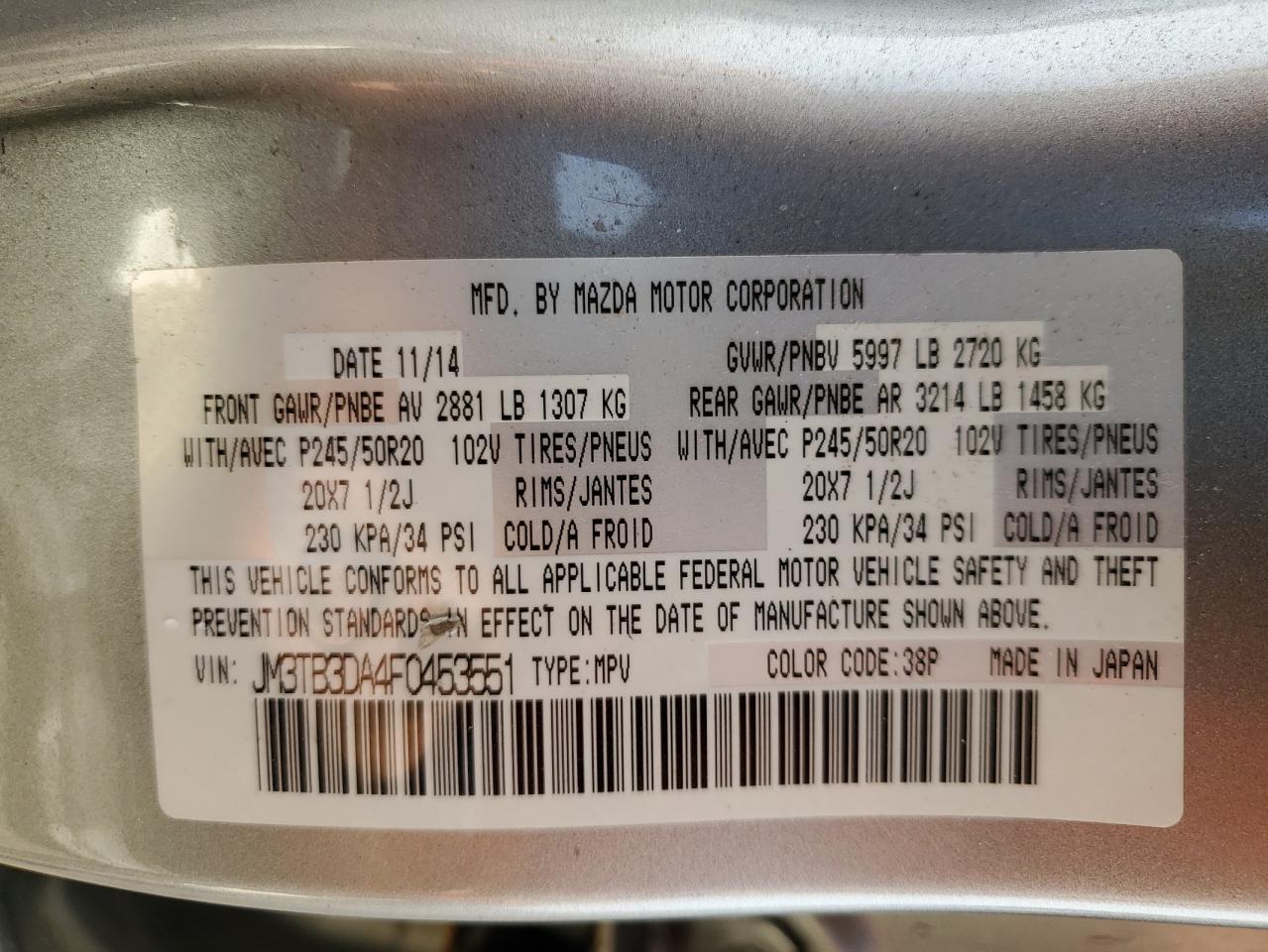 2015 Mazda Cx-9 Grand Touring VIN: JM3TB3DA4F0453551 Lot: 84792135