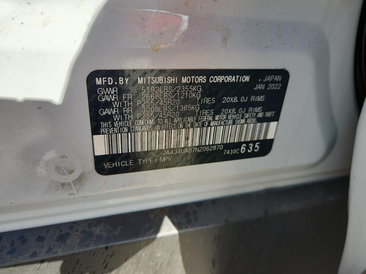 2022 Mitsubishi Outlander Se VIN: JA4J4UA87NZ062870 Lot: 80912485