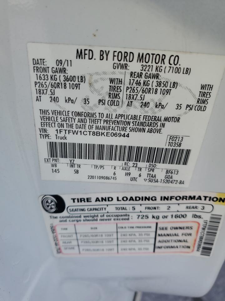 2011 Ford F150 Supercrew VIN: 1FTFW1CT8BKE06944 Lot: 84774715