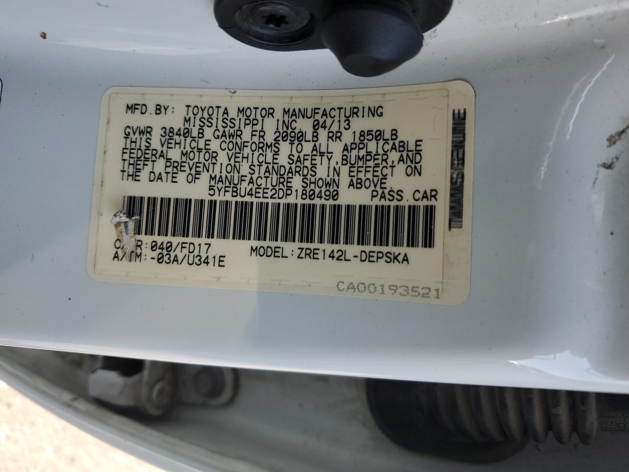 2013 Toyota Corolla Base VIN: 5YFBU4EE2DP180490 Lot: 85538095