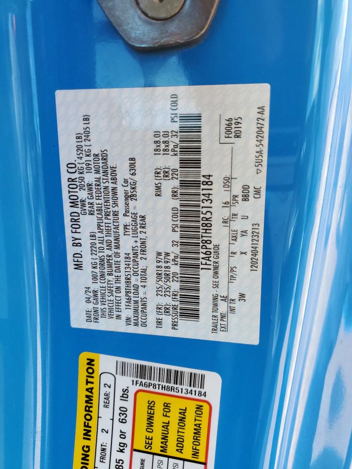 2024 Ford Mustang VIN: 1FA6P8TH8R5134184 Lot: 82249455
