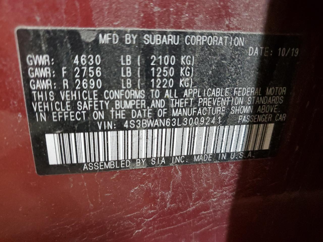 2020 Subaru Legacy Limited VIN: 4S3BWAN63L3009241 Lot: 84784715