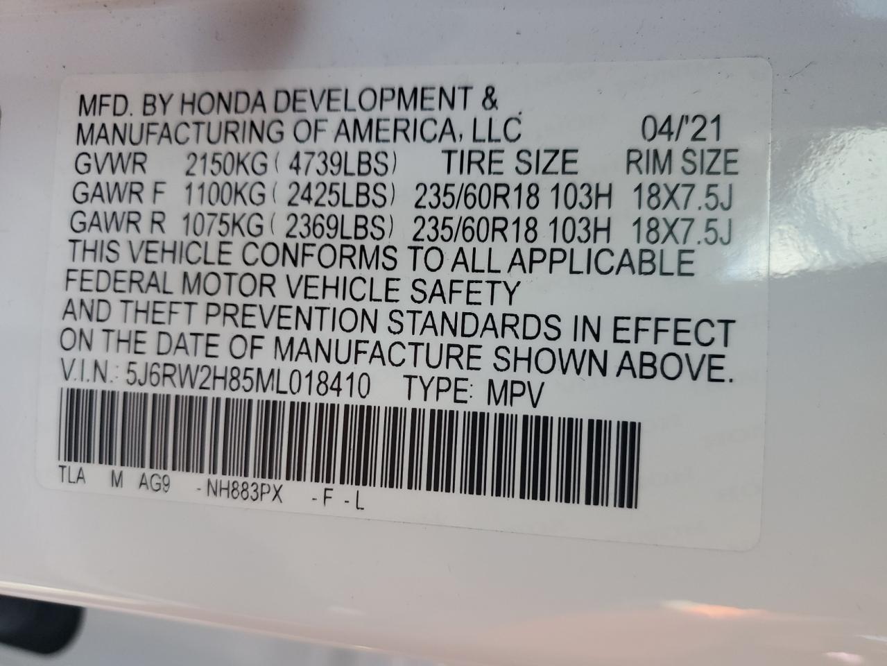 2021 Honda Cr-V Exl VIN: 5J6RW2H85ML018410 Lot: 84744315