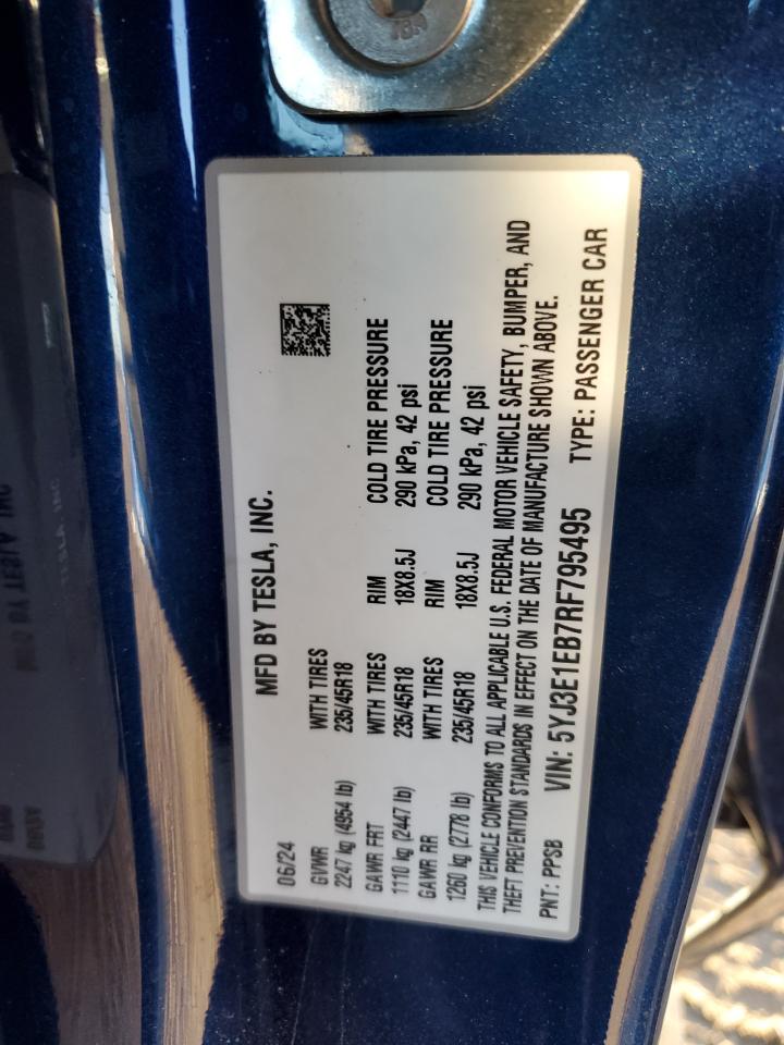 2024 Tesla Model 3 VIN: 5YJ3E1EB7RF795495 Lot: 86080765