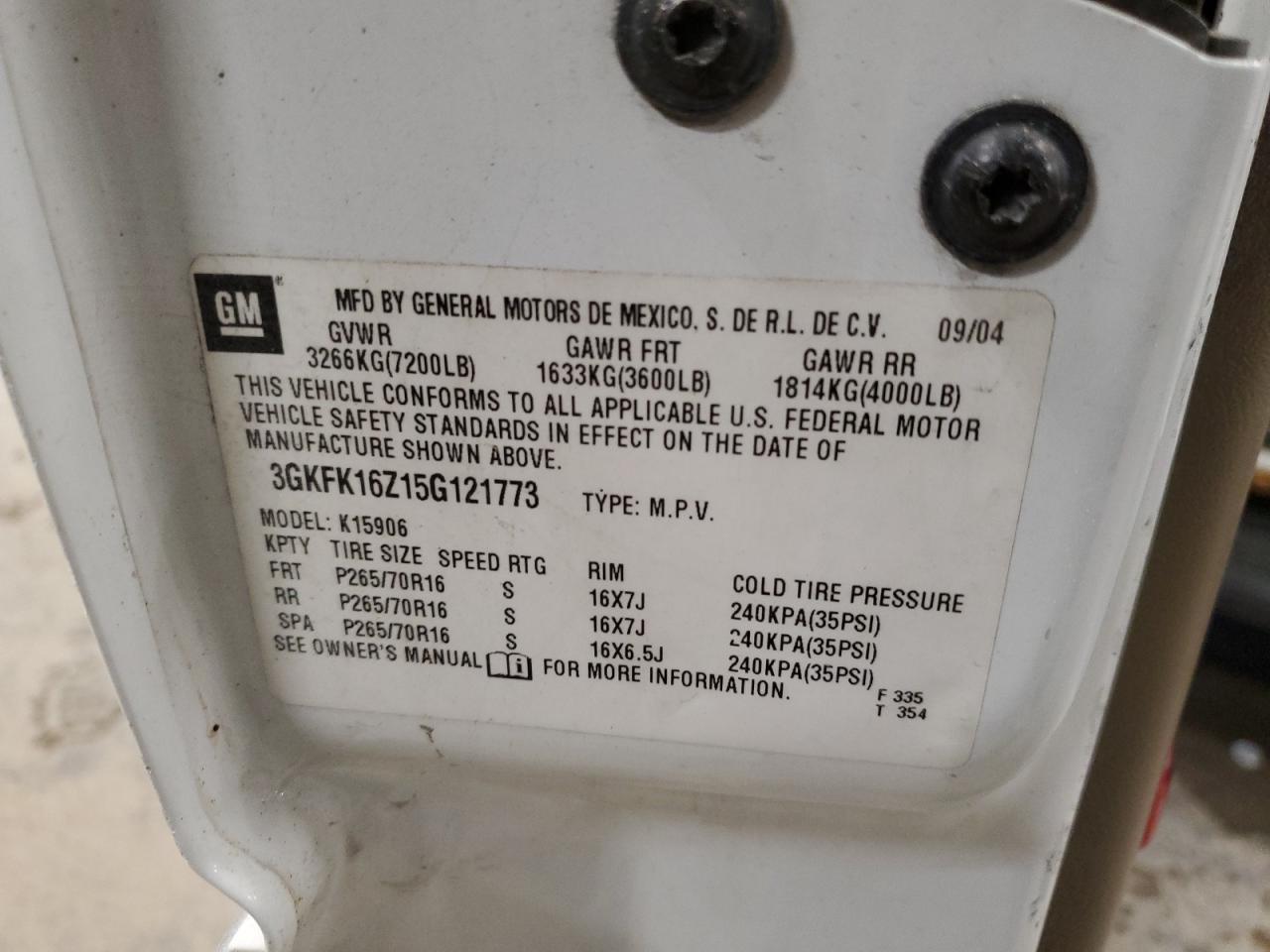 2005 GMC Yukon Xl K1500 VIN: 3GKFK16Z15G121773 Lot: 85897755