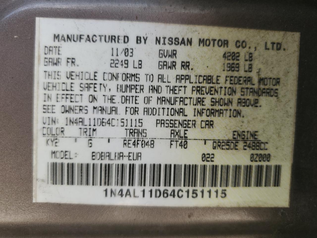 2004 Nissan Altima Base VIN: 1N4AL11D64C151115 Lot: 84720985