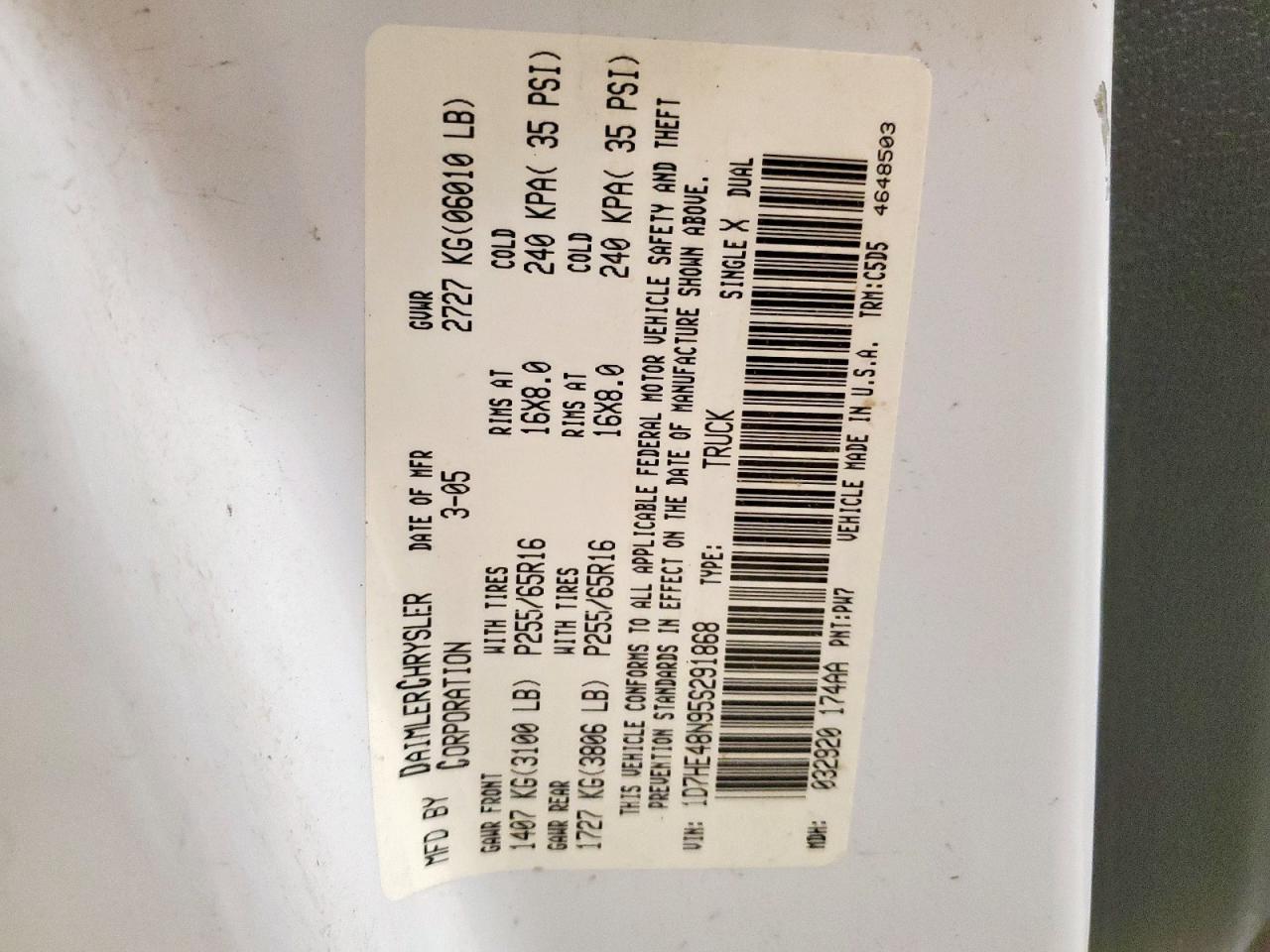 2005 Dodge Dakota Quad Slt VIN: 1D7HE48N95S291868 Lot: 86117665