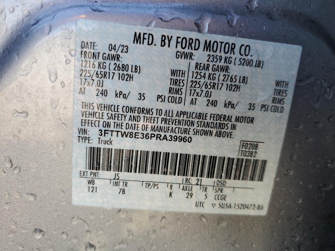 2023 Ford Maverick Xl VIN: 3FTTW8E36PRA39960 Lot: 87013295