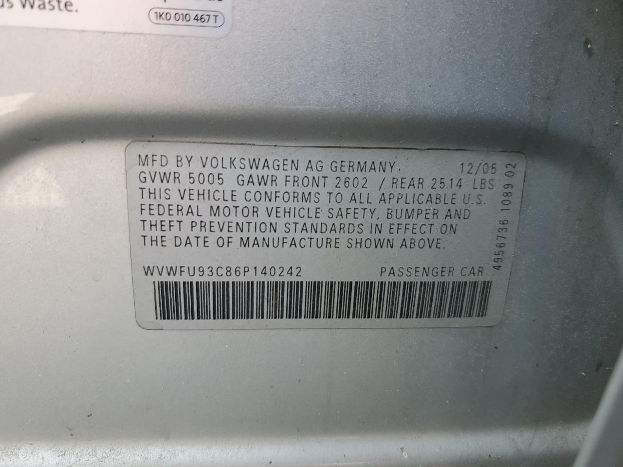 2006 Volkswagen Passat 3.6L 4Motion Luxury VIN: WVWFU93C86P140242 Lot: 85360085