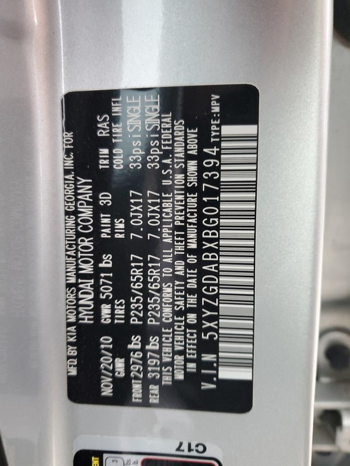 2011 Hyundai Santa Fe Gls VIN: 5XYZGDABXBG017394 Lot: 82181685