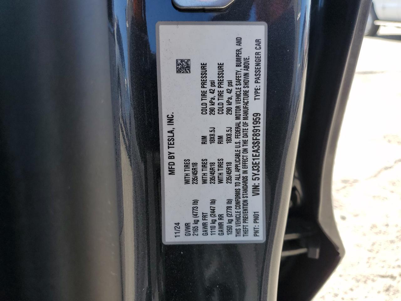 2025 Tesla Model 3 VIN: 5YJ3E1EA3SF891959 Lot: 86176455