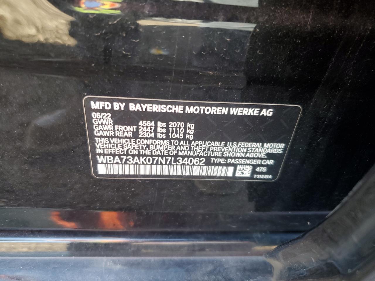 2022 BMW 228Xi VIN: WBA73AK07N7L34062 Lot: 89709475