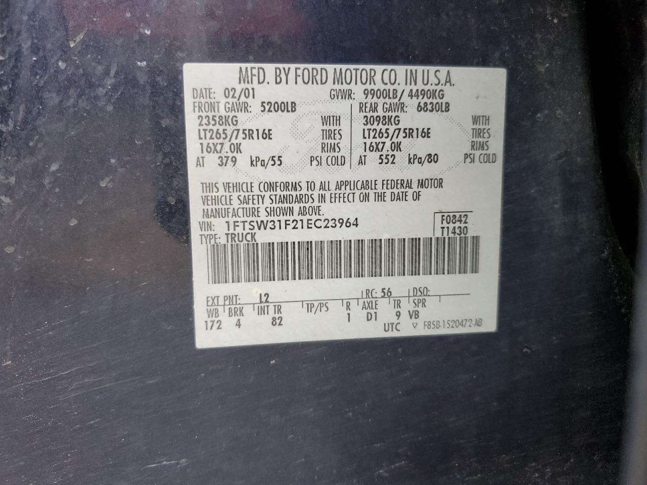 2001 Ford F350 Srw Super Duty VIN: 1FTSW31F21EC23964 Lot: 85209805