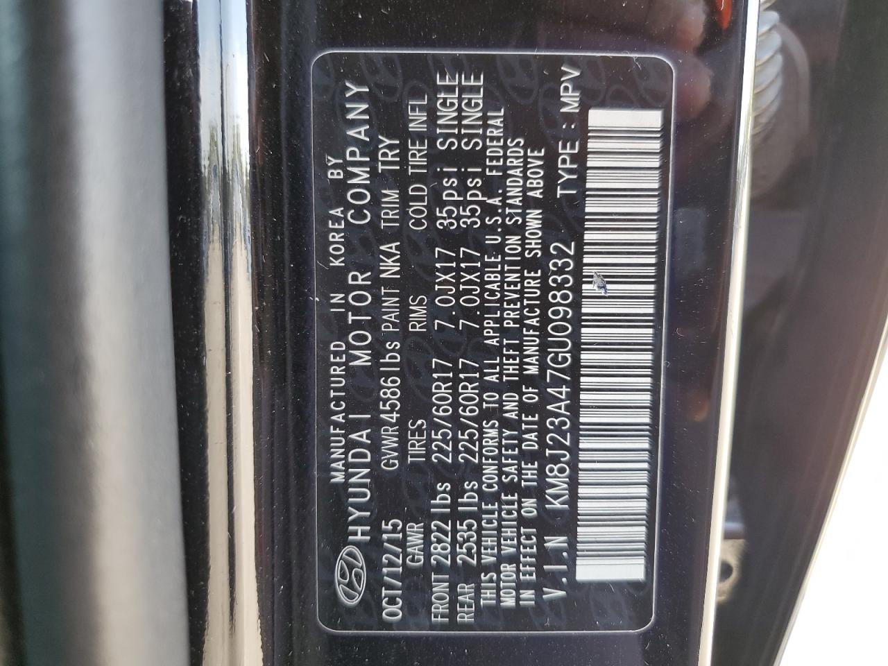 2016 Hyundai Tucson Se VIN: KM8J23A47GU098332 Lot: 82458555