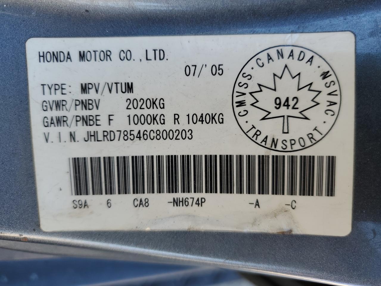 2006 Honda Cr-V Lx VIN: JHLRD78546C800203 Lot: 85267425